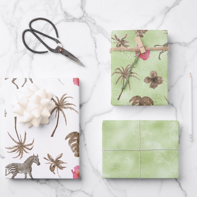 Feuille De Papier Cadeau Zèbre Brown rose Tropical Floral Palmiers (Recto)