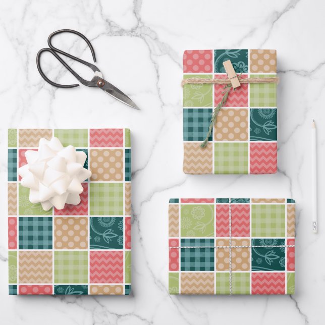 Feuille De Papier Cadeau Zigzag, Chevron, En vichy, Pois, Patchwork (Recto)