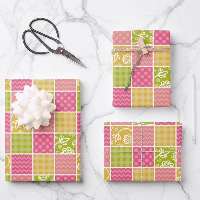 Feuille De Papier Cadeau Zigzag, Chevron, Pois, En vichy, Patchwork (Recto)