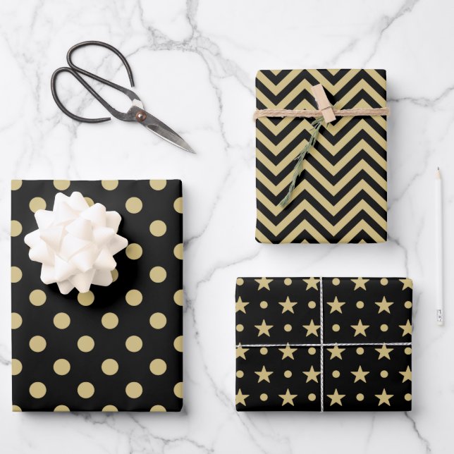 Feuille De Papier Cadeau ZigZag Stars Noir Et Or Motif (Recto)