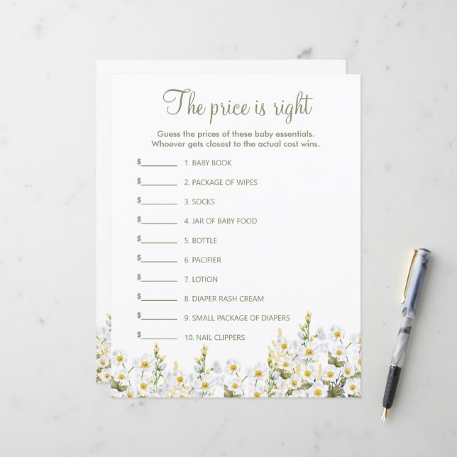 Feuille de papier du jeu de baby shower. (Devant/Arrière en situation)