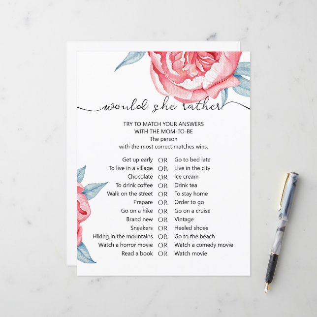 Feuille de papier jeu "elle préfère" (Devant/Arrière en situation)