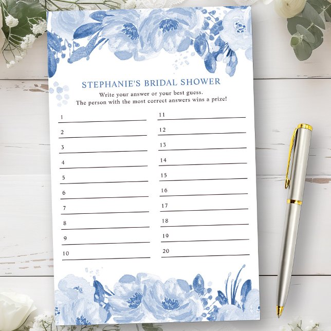 Feuille de réponses de jeu de Baby Shower Fleurie  (Bridal Shower Game from my Dusty Blue Watercolor Floral Bridal Shower)