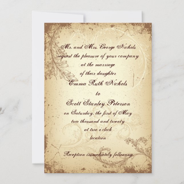Feuille de rouleau faire-part de mariage beige vin (Devant)