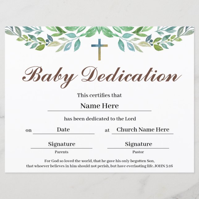 Feuille de verdure Certificat de dédicace pour béb (Devant)