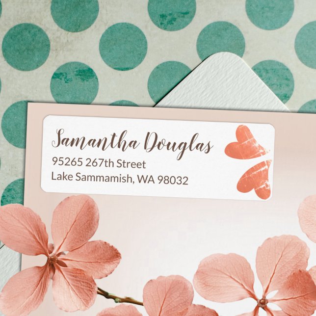 Feuille d'étiquette Adresse de retour Coeurs de pê (peach hearts brown script writing calligraphy address mailing labels stickers personalized )