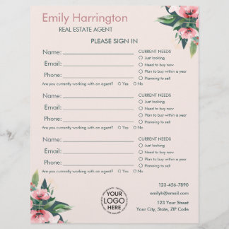 Feuille d'inscription Blush Bloom pour agent immob