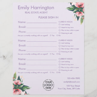 Feuille d'inscription Mauve Blush Bloom pour agent