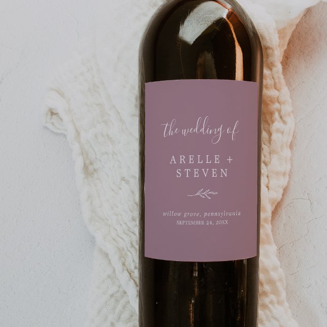 Feuille minimale | Étiquette de vin Mariage Mauve (Créateur téléchargé)