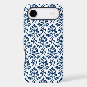 Feuille motif damas bleu foncé sur blanc