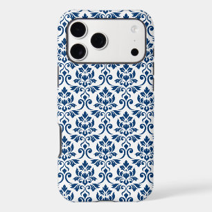 Feuille motif damas bleu foncé sur blanc