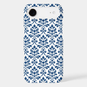Feuille motif damassé bleu foncé sur blanc