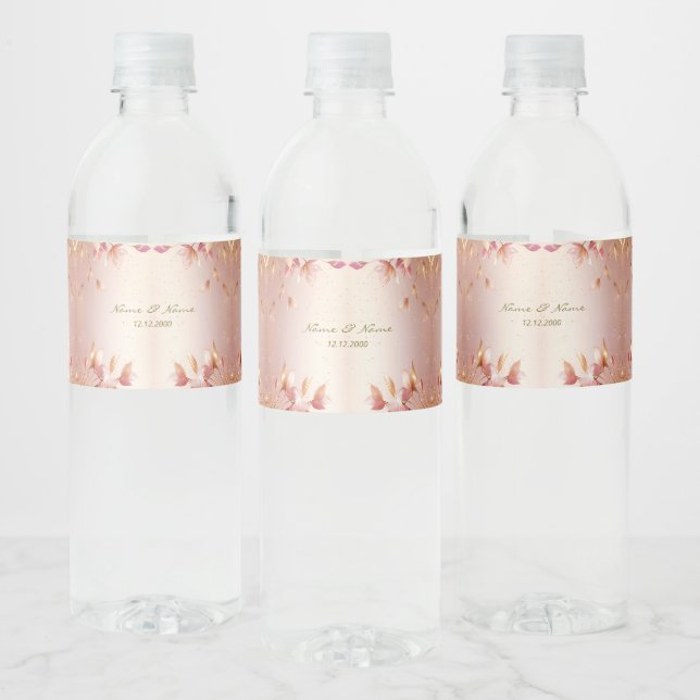 Feuille rose or fleuri Étiquette bouteille d'eau (Bouteilles)
