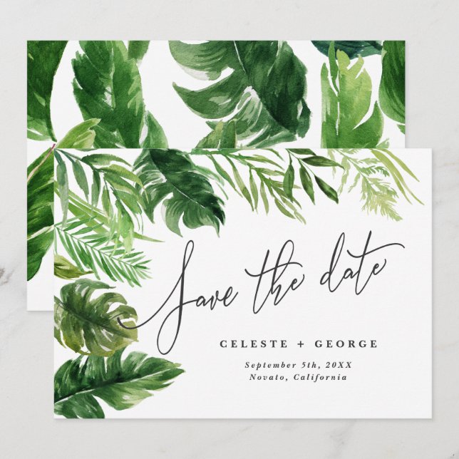 Feuille tropicale aquarelle florale save the date (Devant / Derrière)