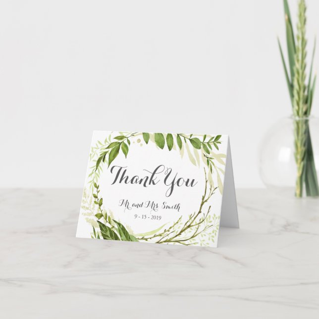 Feuille verte pliée Cartes de Merci, Vert Rustique (Devant)