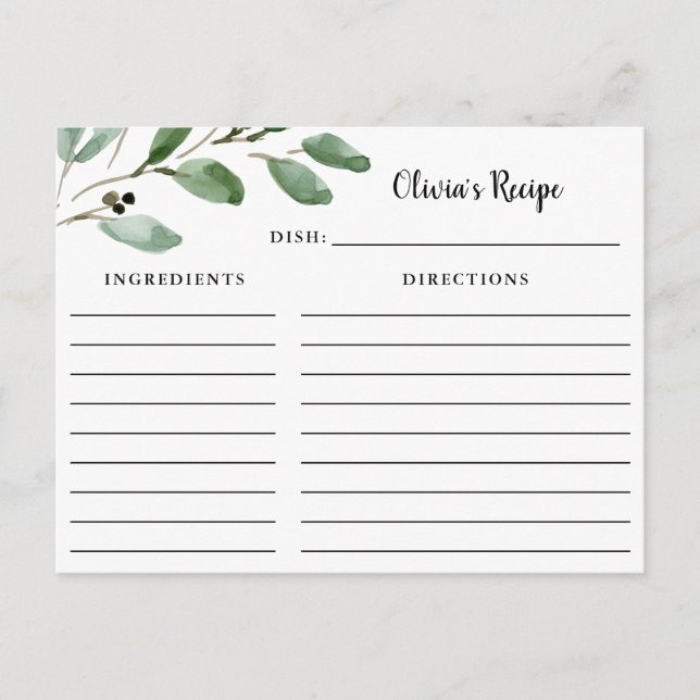 Feuilles aquarelle | Carte de recette (Devant)