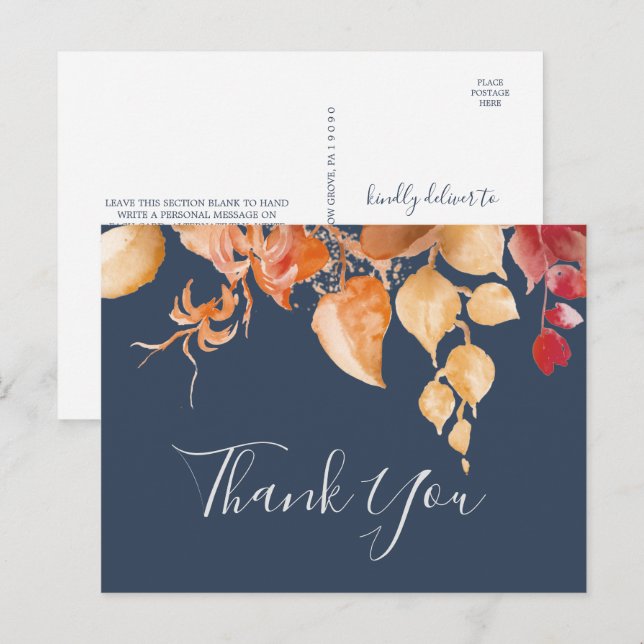 Feuilles automnales | Carte postale Merci bleu mar (Devant / Derrière)