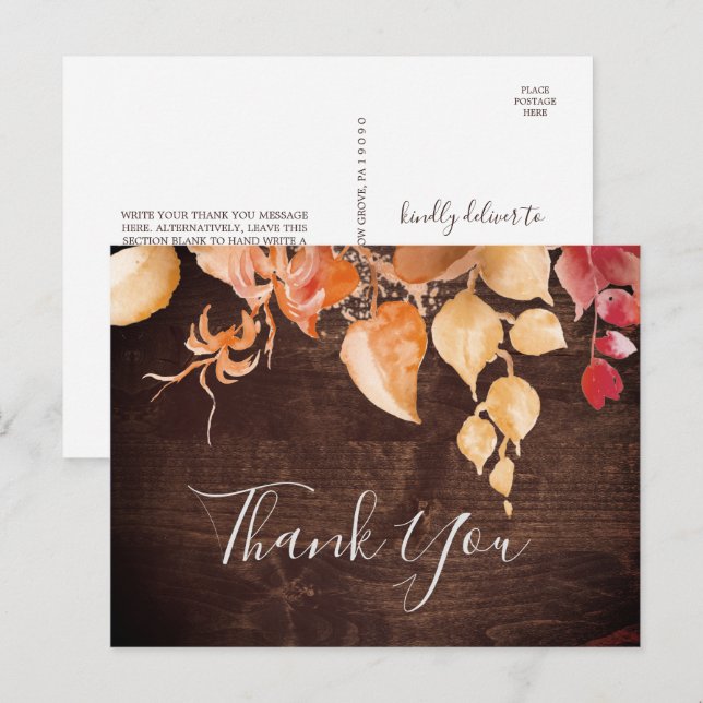 Feuilles automnales | Carte postale Merci en bois  (Devant / Derrière)