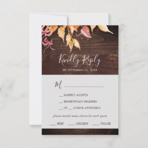 Feuilles automnales   Carte RSVP Rustic Wood Menu 