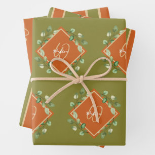 Feuilles automnales orange et vert monogramme