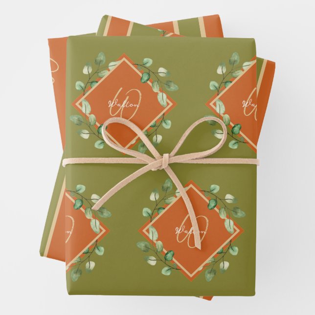 Feuilles automnales orange et vert monogramme (En situation)