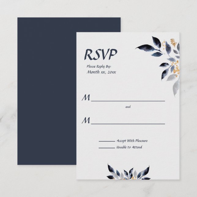 Feuilles bleus avec mariage or RSVP (Devant / Derrière)