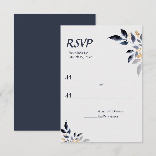 Feuilles bleus avec mariage or RSVP (Devant / Derrière)