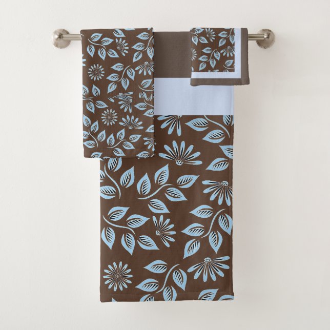 Feuilles bleus tendance sur Brown / Monogramme (En situation)