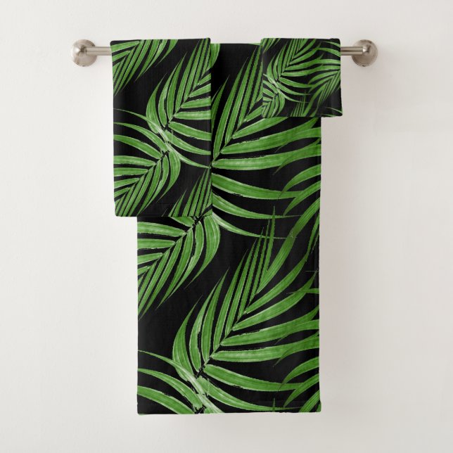 Feuilles chic de palme vert botanique sur noir (En situation)
