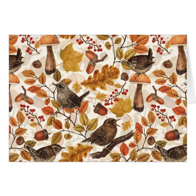 Feuilles d'automne, baies, champignons et roitelet (Devant horizontal)