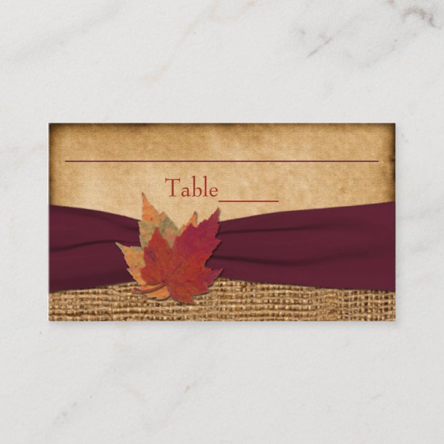 Feuilles d'automne, FAUX Burlap Carte Place - Vin (Devant)