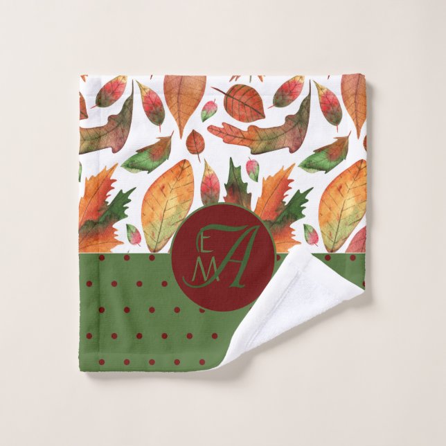 Feuilles d'automne monogrammes Automne Rouge Vert  (Gant de toilette)