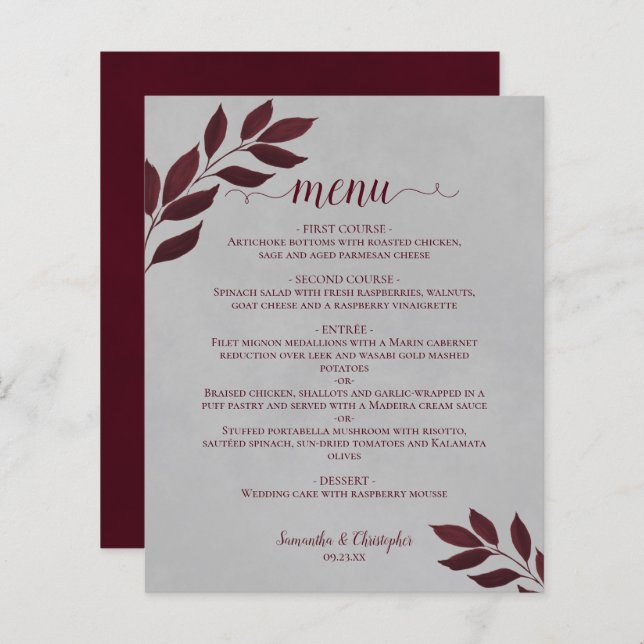 Feuilles de Bourgogne sur Grey Budget Mariage Menu (Devant / Derrière)