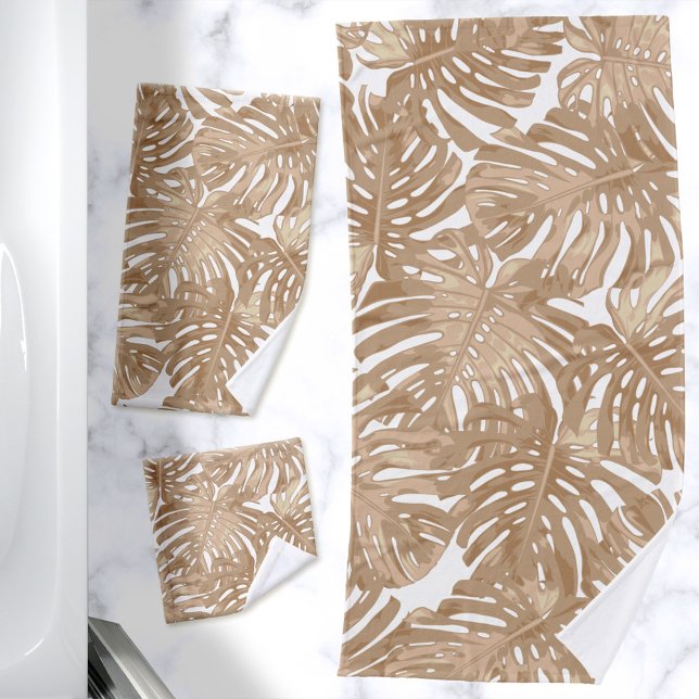 Feuilles de la jungle Brown des Boho tropicaux (Bath towel set with a print of light brown palm leaves on a white background)