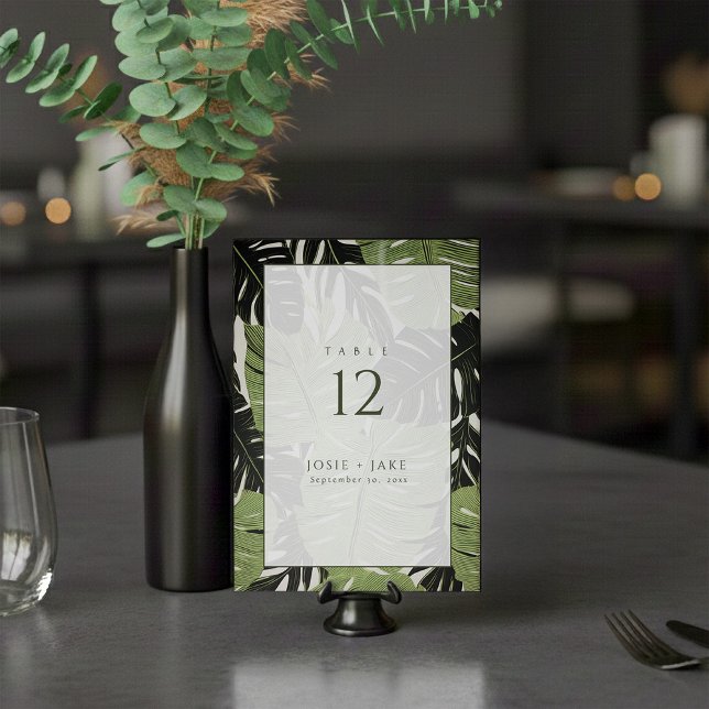Feuilles de la jungle verte, numéro de table audac (Green leaves wedding table number place card.)