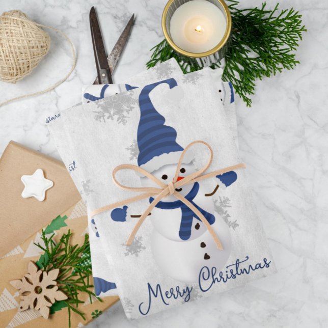 Feuilles de papier à envelopper bleu mûr Snowman (Blue Cute Snowman Wrapping Paper Sheets)