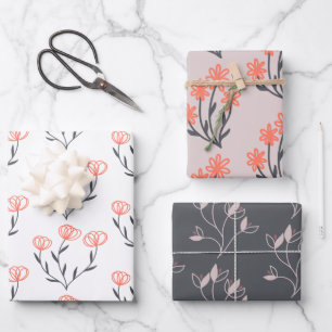 Feuilles de papier cadeau floral orange et gris