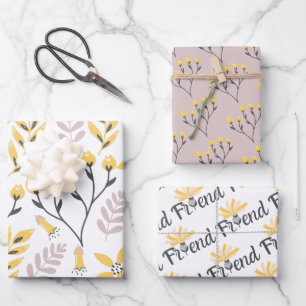 Feuilles de papier d'emballage botanique jaune ami