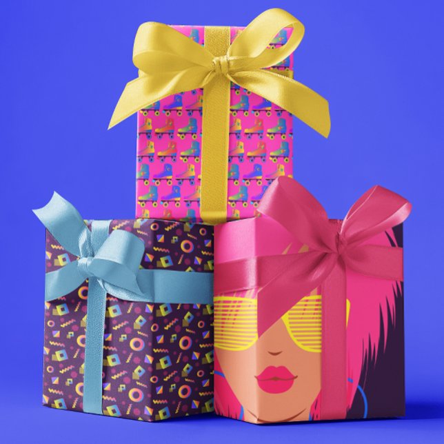 Feuilles de papier d'emballage des années 1980 (Celebrate a special 1980's birthday girl with this fun wrapping paper set! )