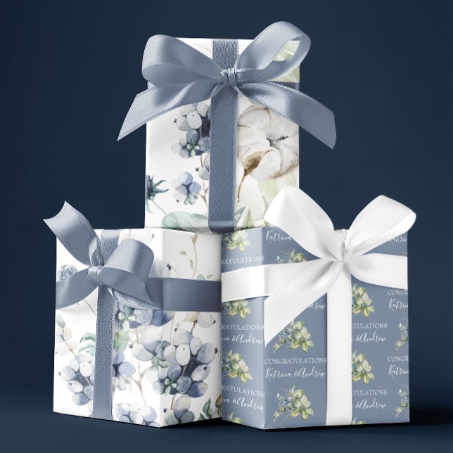Feuilles de papier d'emballage floral aquarelle bl (Congratulate a special couple with this personalized watercolor dusty blue wrapping paper set! )