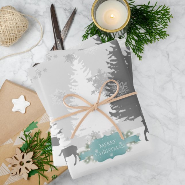 Feuilles de papier d'emballage Winter Wonderland - (Teal Winter Wonderland Wrapping Paper Sheets)