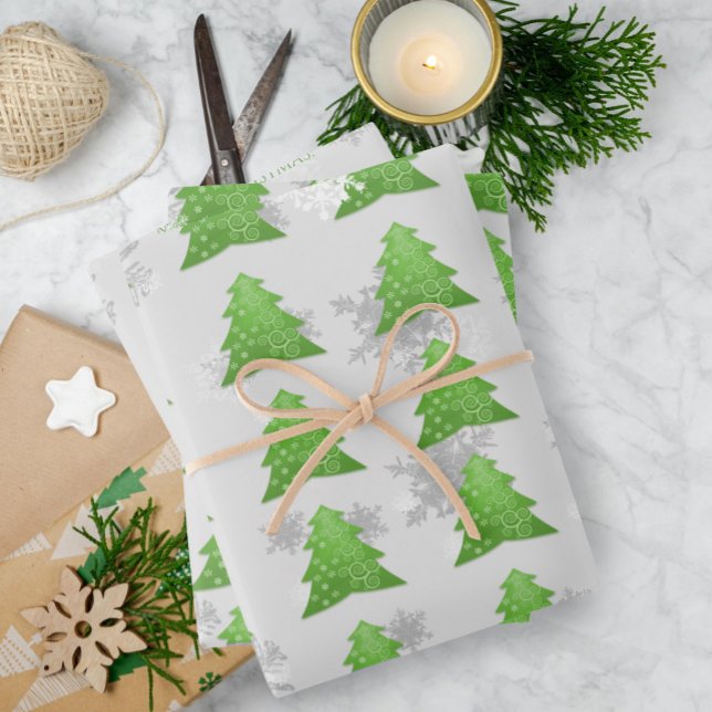 Feuilles de papier d'enveloppement d'arbre de Noël (Green Festive Christmas Tree Wrapping Paper Sheets)