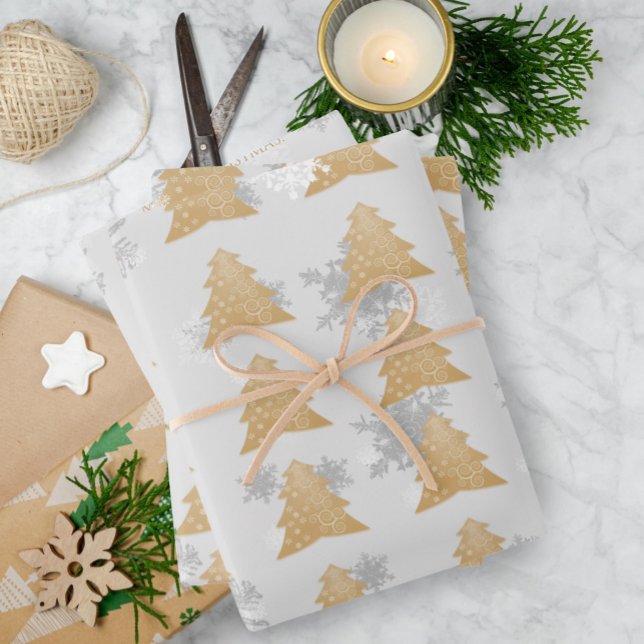 Feuilles de papier d'enveloppement d'arbre de Noël (Gold Festive Christmas Tree Wrapping Paper Sheets)