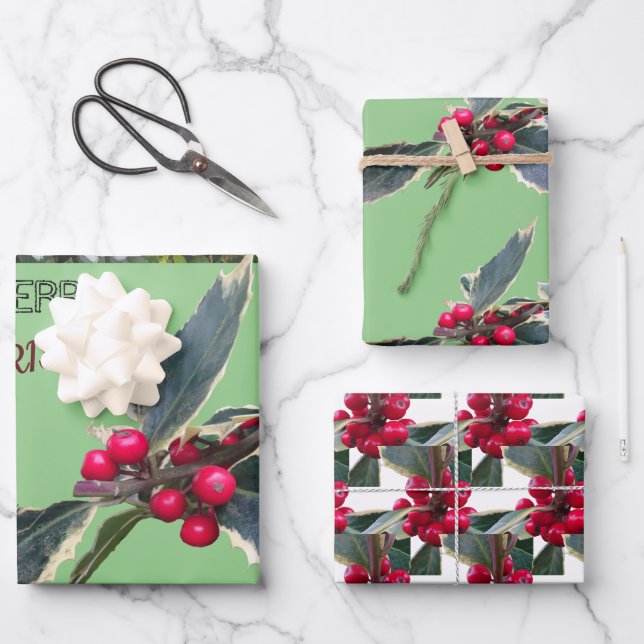Feuilles de papier d'enveloppement Holly Christmas (Recto)