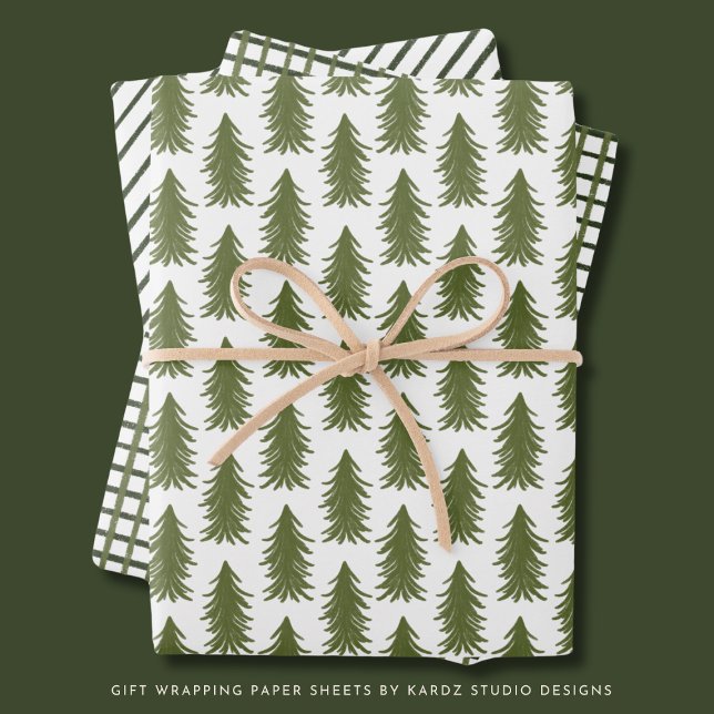 Feuilles de papier d'enveloppement vert moderne (Green trees, stripes and gingham patterns to give your gifts a unique rustic yet modern feeling)