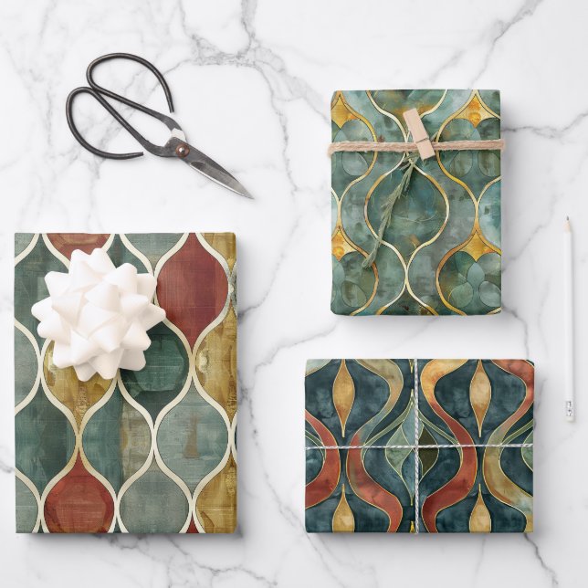 Feuilles de papier rouge, vert, or arabesque 3 env (Recto)