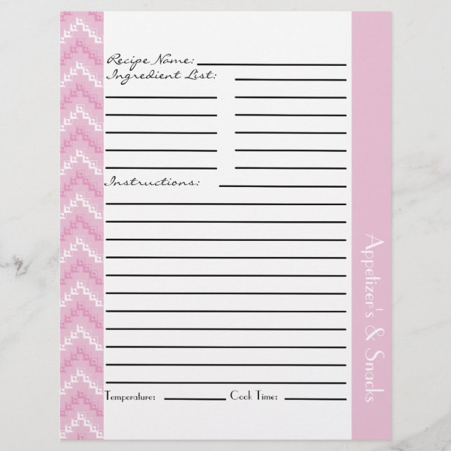 Feuilles de recettes Zigzag Diamant Rose (Devant)