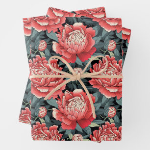 Feuilles d'emballage Fleurs de Pivoine Rouge & Sag