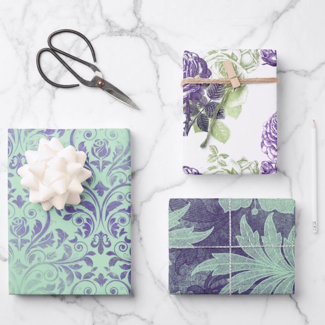 Feuilles d'emballage floral violet et vert  (Recto)