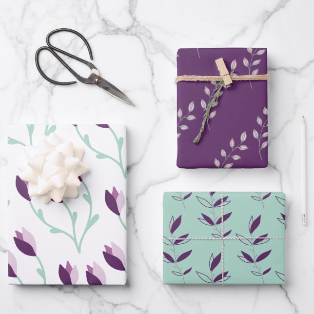 Feuilles d'emballage floral violet et vert (Recto)